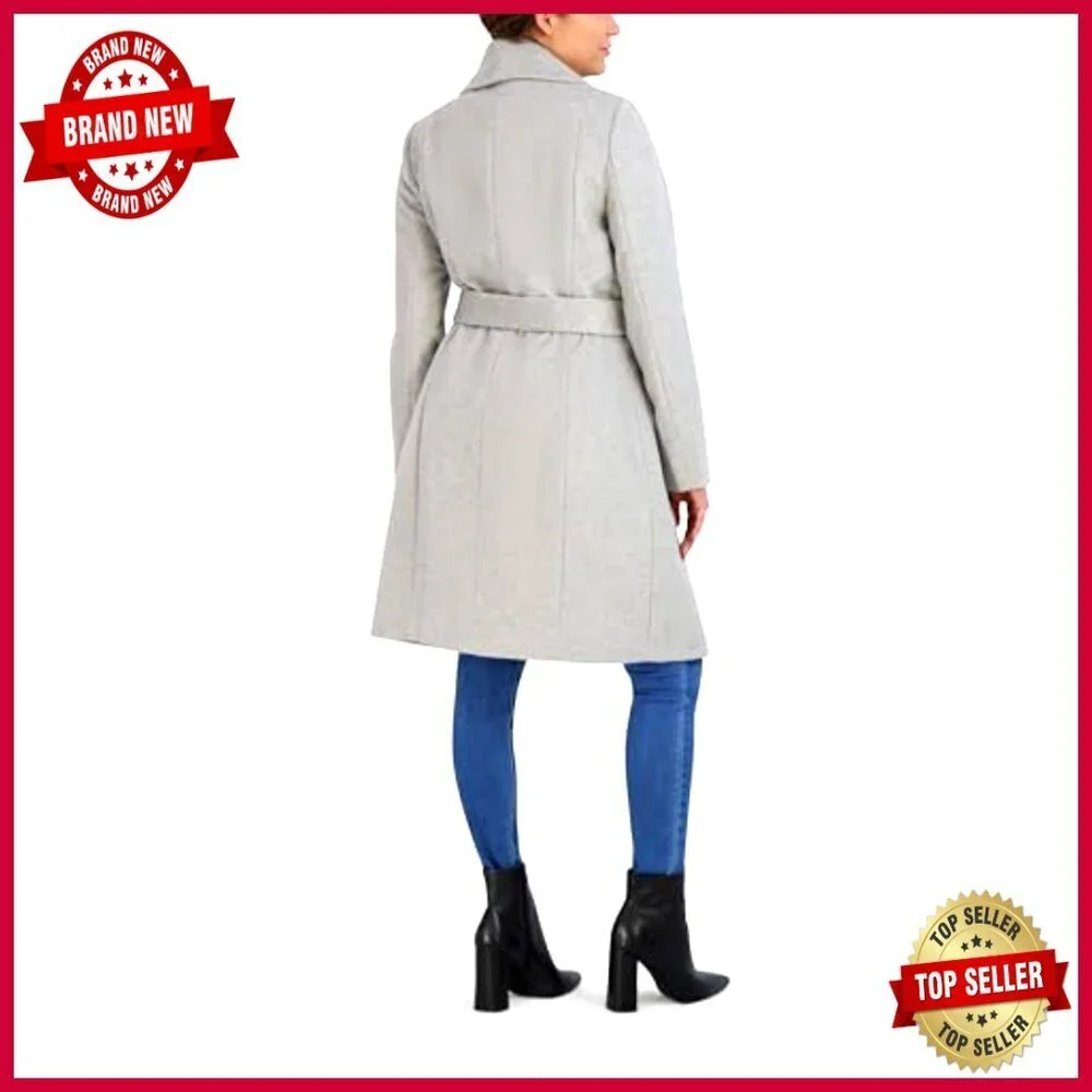 Long Wool Coat with Belt Shawl Collar Snap Button Closure Pockets